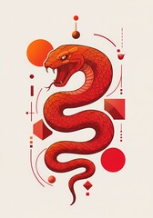 Fiery Red Cobra Snake with Geometric Abstract Design Illustration Art