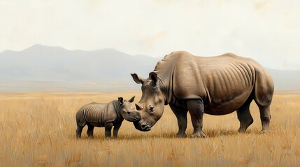 Fototapeta premium Mother and baby rhinoceros grazing together in a serene grassland landscape The large horns of the rhinos stand out against the natural rural setting of the vast savanna field