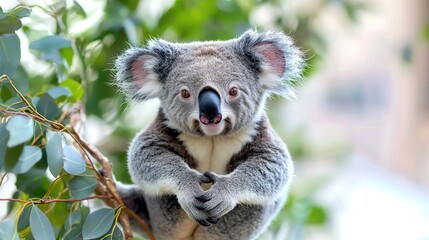 Obraz premium Koala sitting on eucalyptus branch, zoo background, wildlife portrait, nature stock photo