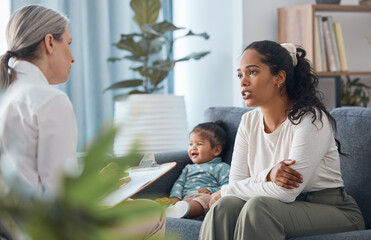 Talking, therapy and advice with baby and mother for postpartum depression, psychology and mental...