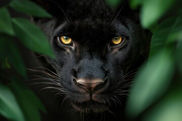 Powerful black panther with intense yellow eyes lurking in the lush green jungle shadows ready to pounce on its prey  This majestic feline predator is the apex hunter of its domain