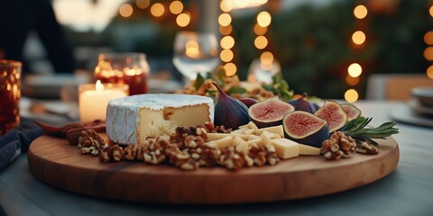 Naklejka premium A rustic wooden board filled with artisan cheeses, figs, walnuts, and fresh honey