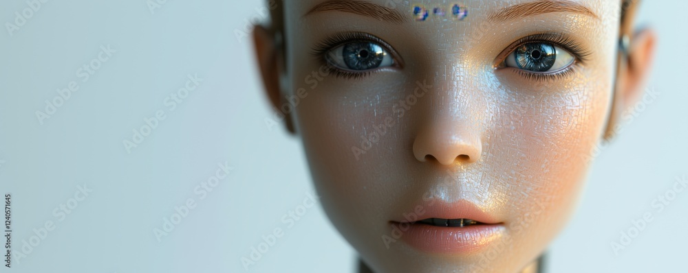 Poster hyper-realistic humanoid robot face with intricate skin texture and expressive eyes, showcasing adva