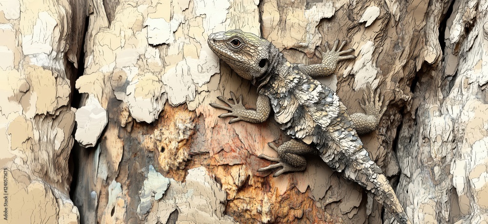 Poster lizard camouflaged on textured bark, showcasing intricate patterns and colors, blending seamlessly w