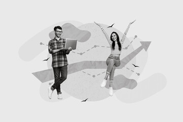 Creative abstract template collage of businessman businesswoman entrepreneurs arrow up income money success metaphor psychedelic pinup