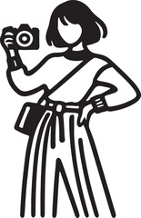 Silhouette of a fashion blogger taking a photo with a smartphone, stylish pose, social media influencer concept, content creator, vector EPS icon.