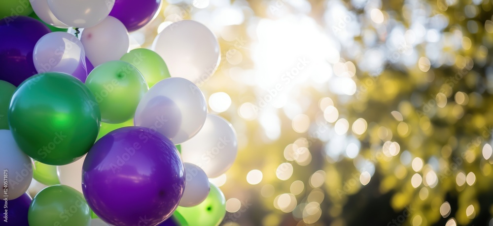 Poster colorful balloons in sunlight creating festive atmosphere with bokeh background, copy space for text