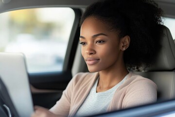 African American woman analyzing financial data on laptop screen, 