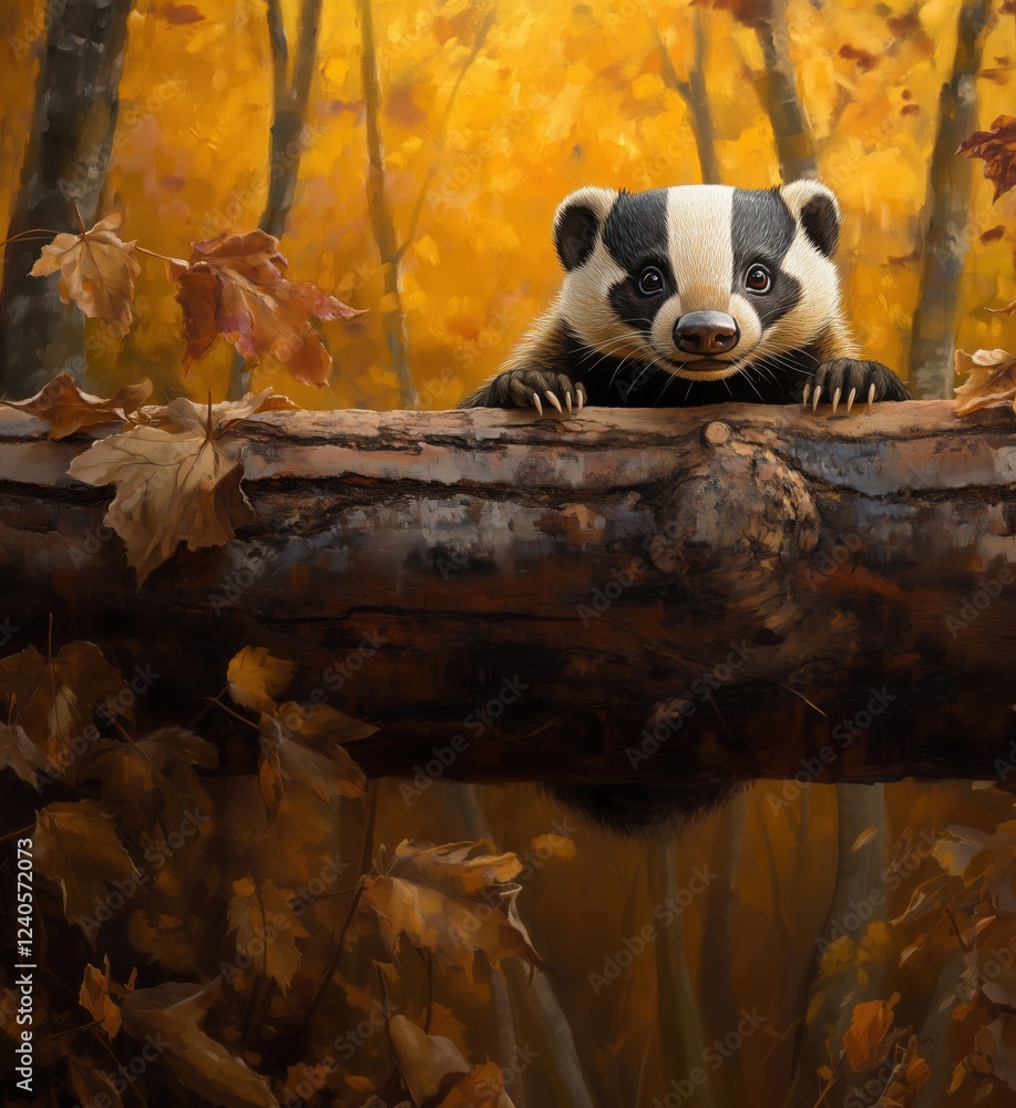 Poster curious badger peeking from log in autumn forest with golden leaves, copy space for text