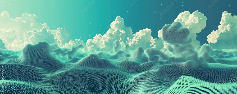 Poster surreal digital landscape with mesh-like terrain and fluffy clouds under a turquoise sky, copy space