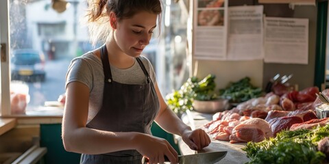 A young female butcher sharpening a cleaver in a small market-town shop, sunlight streaming through the window
