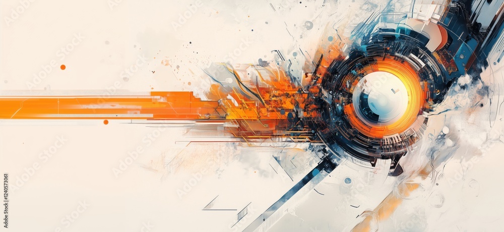 Poster abstract digital art explosion with vibrant colors and dynamic shapes, featuring circular forms and 