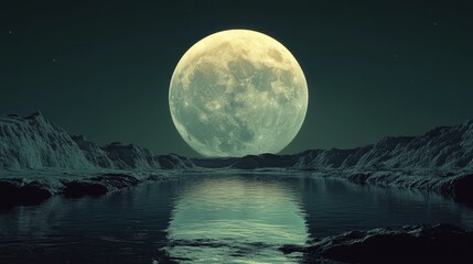 Naklejka premium Majestic full moon reflection over tranquil water nighttime landscape serene nature scene