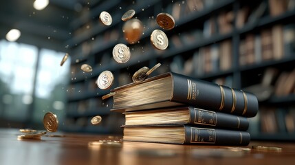 Opulent library interior filled with ornately embossed golden books and grand bookshelves creating an atmosphere of scholarly prestige and luxury