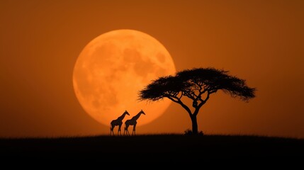 Silhouetted giraffes walking in front of a massive glowing orange sun against a serene minimalist landscape in the African savanna
