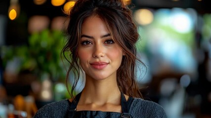 Smiling barista welcomes customers at a cozy cafe in the early morning with bright ambiance and warm atmosphere
