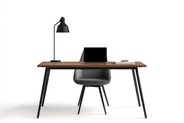 Modern minimalist home office desk setup, laptop, chair, lamp, workspace