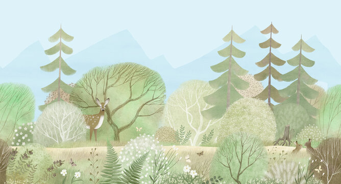 Cute landscape, forest path. Road. Watercolor illustration. Decor for children's room. Banner.