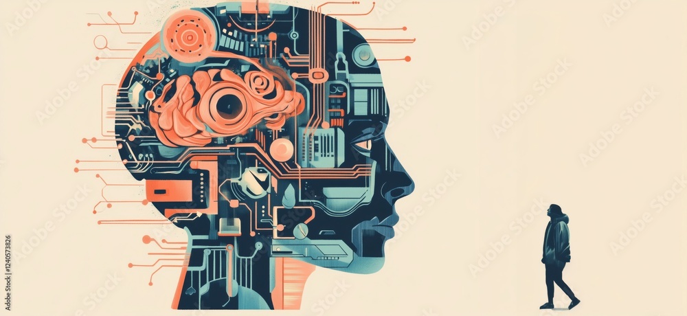 Poster human-computer interaction: merging technology and consciousness in futuristic design, depicting bra