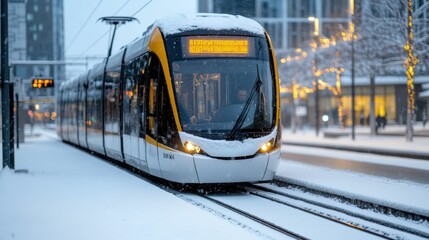 Modern tram traversing a snow-covered cityscape on a winter day
