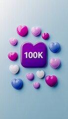 100K Celebration, Symbolic Purple Icon Surrounded by Pastel Candy Hearts on a Blue Background.