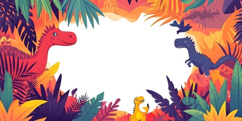 Obraz premium Colorful illustration of dinosaurs among vibrant tropical foliage, ideal for children's educational materials