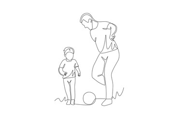 Father and son playing ball. Father and son concept one-line drawing
