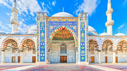 Colorful Mosque Featuring Intricate Tilework and a Vibrant Blue Sky Perfect for Architectural Photography and Cultural Art
