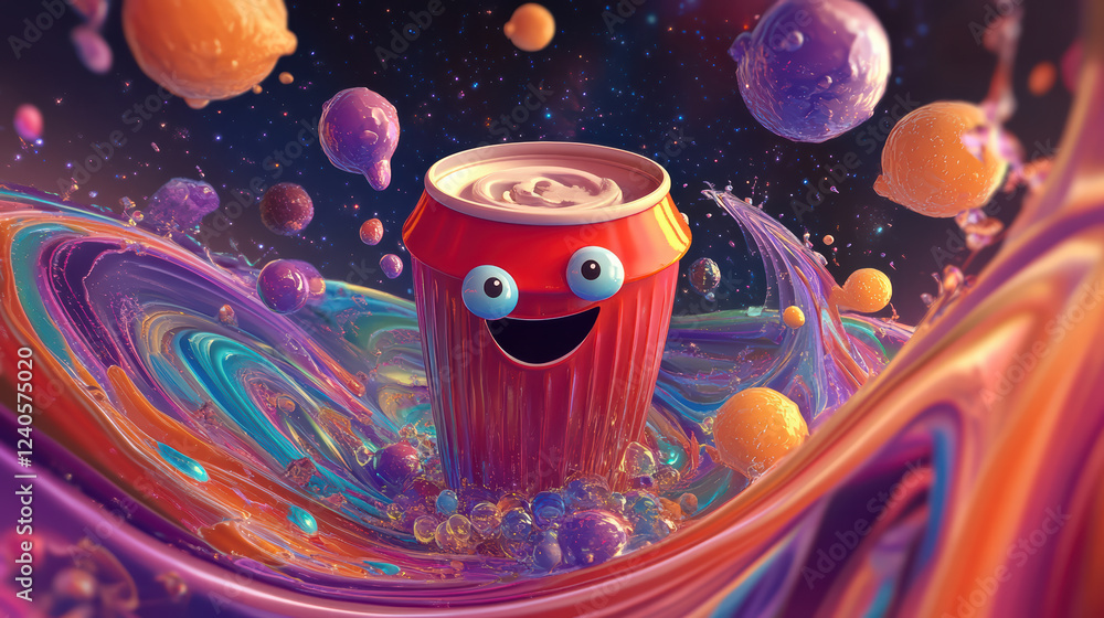 Poster 3d soda cup with playful expression surrounded by colorful bubbles and swirls, creating whimsical an