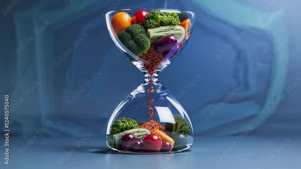 Poster An abstract hourglass shape filled with fresh produce instead of sand, representing the idea of nutritious eating over time to support fat loss.