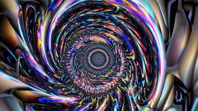 A fractal spiral encased in mirrored walls, every reflection revealing another layer of swirling shapes in continuous repetition.