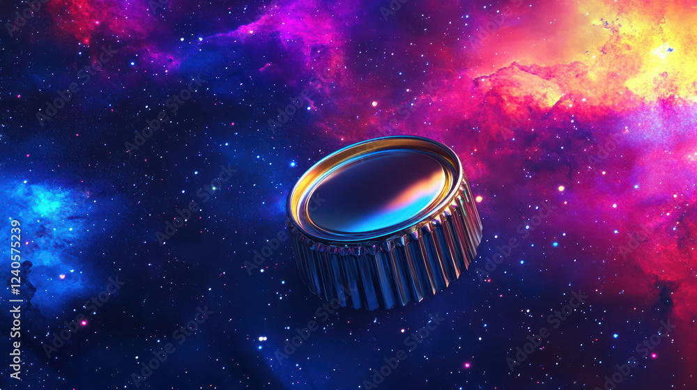 Poster shiny 3d soda cap floating in vibrant cosmic background filled with colorful nebulae and stars, crea