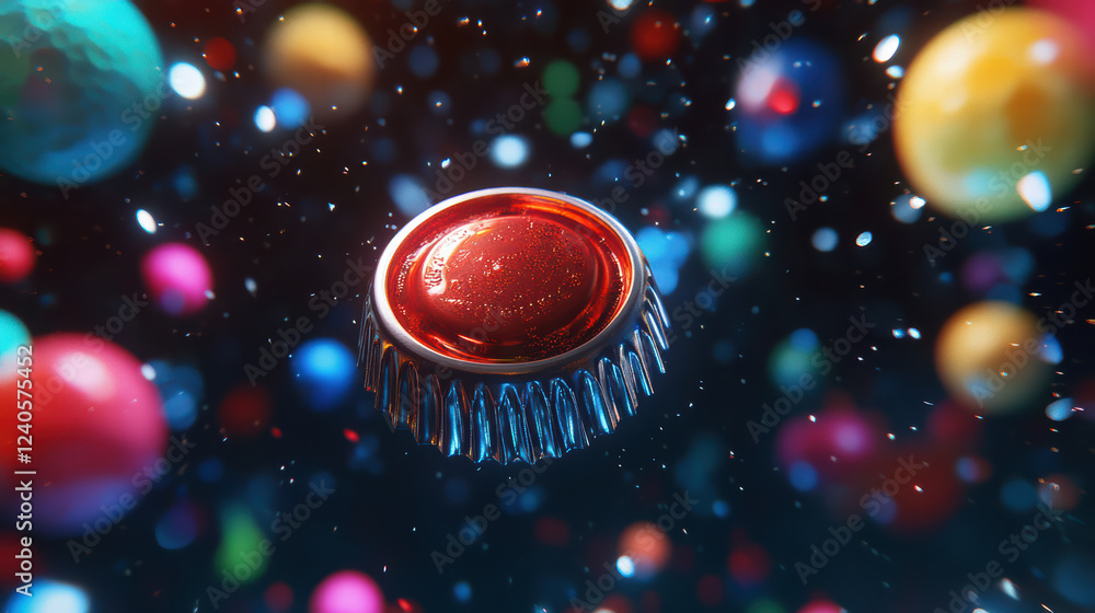 Poster 3d soda cap with unique texture surrounded by colorful spheres and bubbles, creating vibrant and dyn