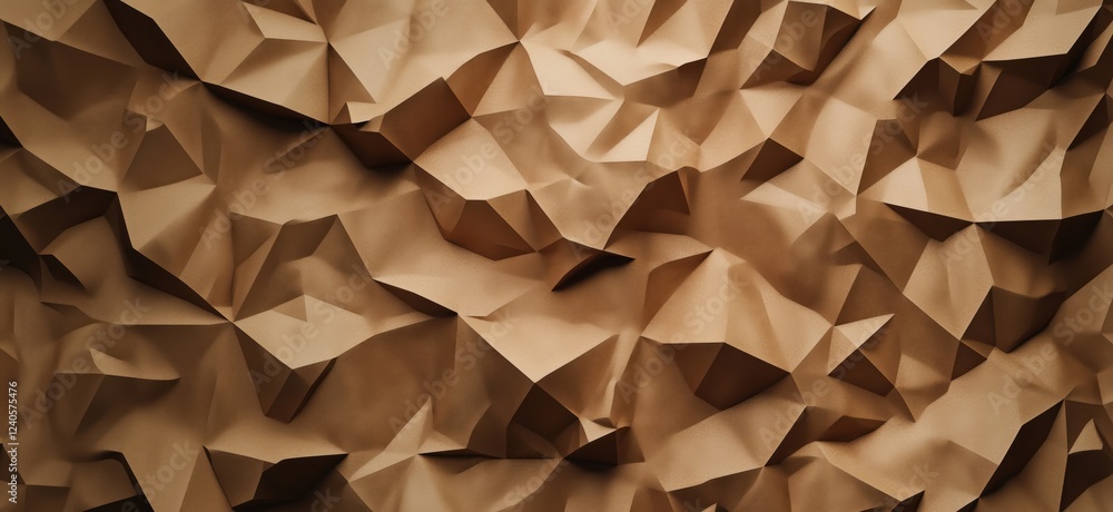 Poster textured crumpled brown paper background with intricate folds and shadows, ideal for artistic and de