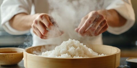 Fototapeta premium Steaming Rice Preparation – Hands Working with Freshly Cooked Grains