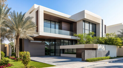 Fototapeta premium Modern architectural design of a luxurious villa in a sunny residential area with lush landscaping