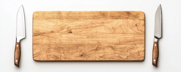 Premium Kitchenware Set with Wooden Chopping Board and Knives on Clean White Minimalist Background  Flat Lay Still Life Composition of Cooking Utensils and Tools for Food