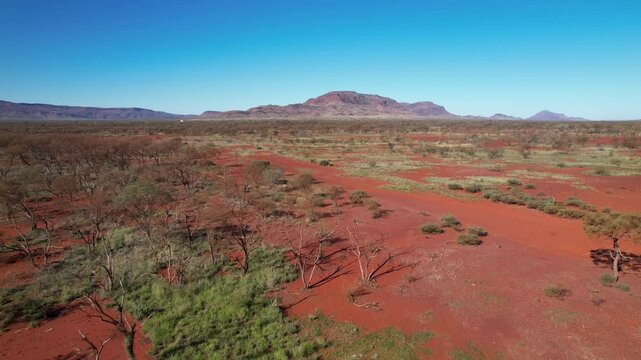 Aerial view of rugged mountains and vast desert bushland along a dirt road under a clear sky, Hamersley Mount Bruce Road, Karijini National Park, Pilbara Region, Australia.