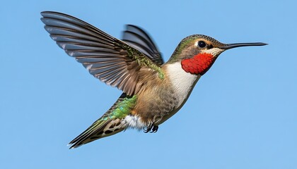 Naklejka premium A Rufous Hummingbird in Flight Against a Blue Sky