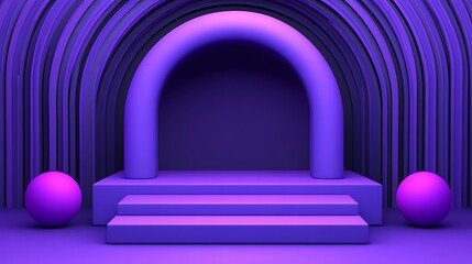 Violet archway with spheres on a platform, simple, use