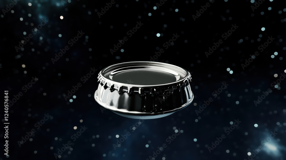Poster shiny 3d soda cap with metallic finish floating in space, surrounded by stars, creates captivating v