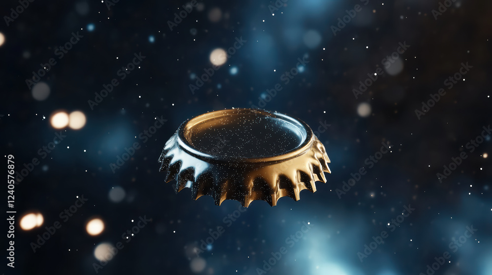 Aufkleber shiny 3d soda cap with metallic finish drifting in cosmic background filled with sparkling particles