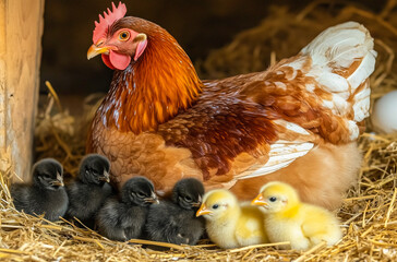 Brown Hen and Chicks in Hay Nest