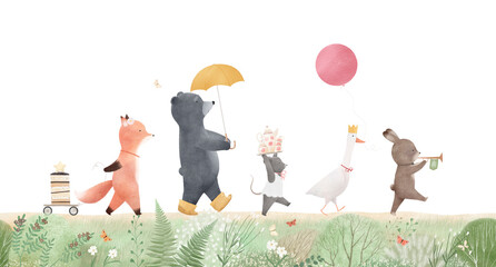 Forest friends are going to have tea. A cheerful company of animals. Graphics for a children's room. watercolor illustration.
