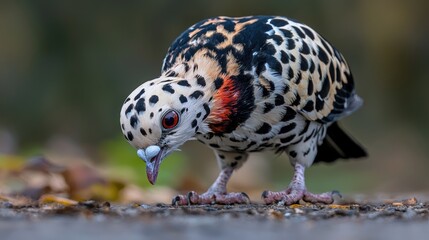 Fototapeta premium Speckled pigeon foraging, forest floor, autumn leaves, wildlife photography