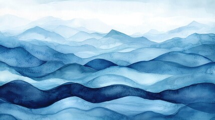 Obraz premium Serene Watercolor Landscape of Blue Waves and Gentle Hills