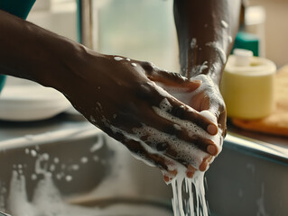Washing hands thoroughly with soap and water, emphasizing hygiene and cleanliness in healthcare setting. This practice is essential for preventing infections and promoting health