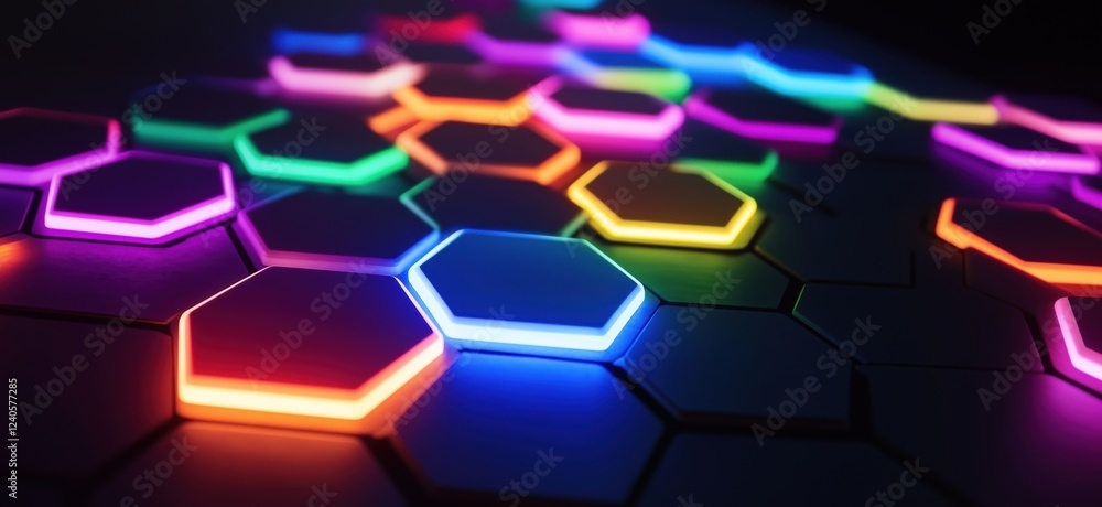 Poster vibrant illuminated hexagonal tiles creating a colorful abstract pattern with glowing edges in a dar