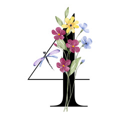 Number 4 with flowers and leaf. Perfectly for wedding, birthday invitations, greeting cards, posters and other floral design. Hand painting. Isolated on white background.