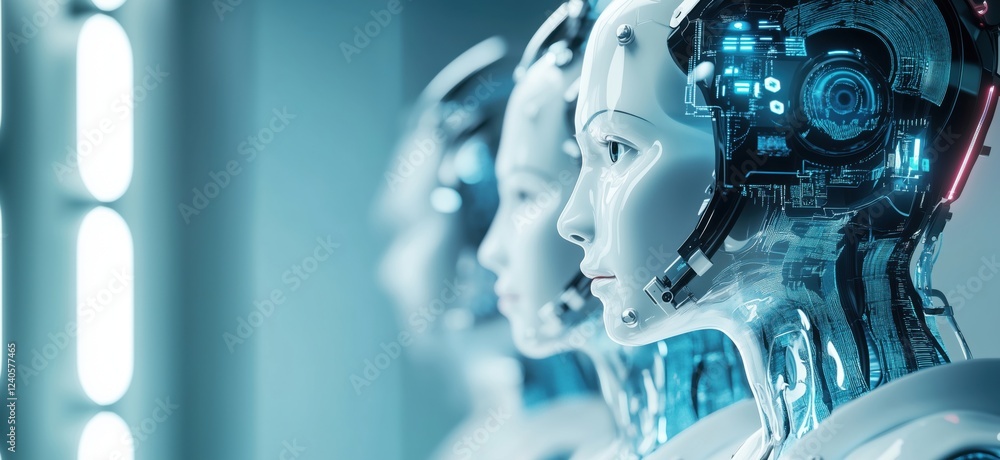 Poster futuristic humanoid robots with advanced technology and digital interfaces showcasing artificial int
